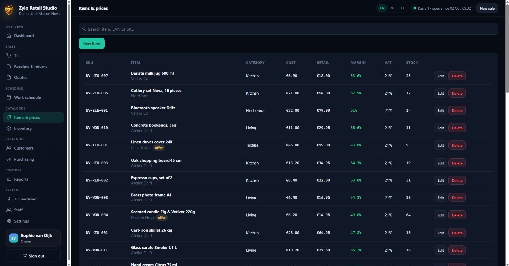 Items and prices in Zylo Retail Studio