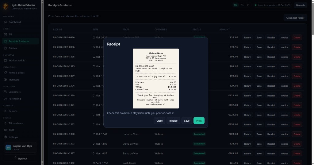 A receipt preview in Zylo Retail Studio